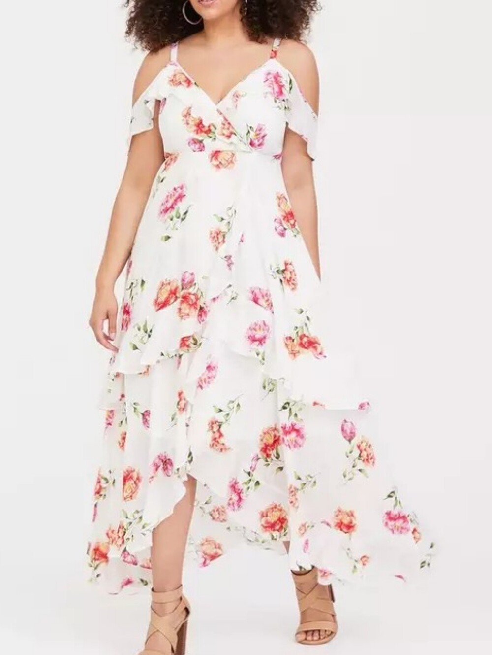 Torrid Cream Floral Maxi Dress with Ruffles